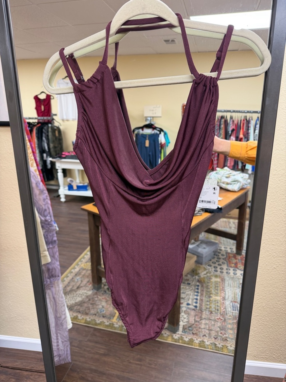 Draped Cowl-Neck thong Bodysuit in Deep Plum